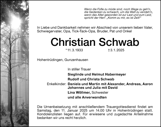 Traueranzeige von Christian Schwab von Altmühl-Bote Lokal