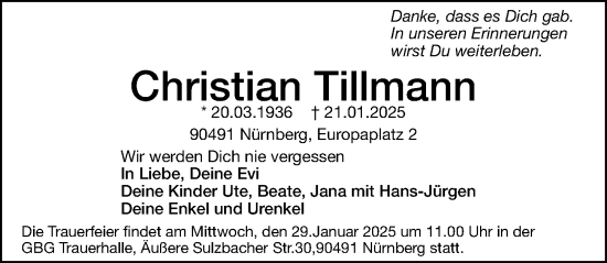 Traueranzeige von Christian Tillmann von Gesamtausgabe Nürnberger Nachrichten/ Nürnberger Ztg.