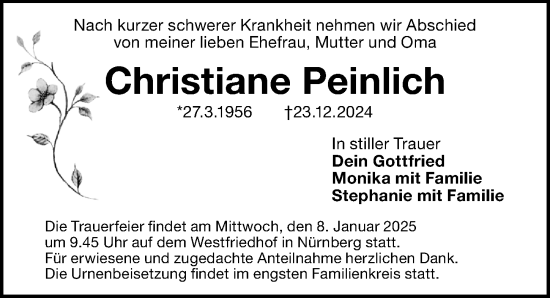 Traueranzeige von Christiane Peinlich von Gesamtausgabe Nürnberger Nachrichten/ Nürnberger Ztg.