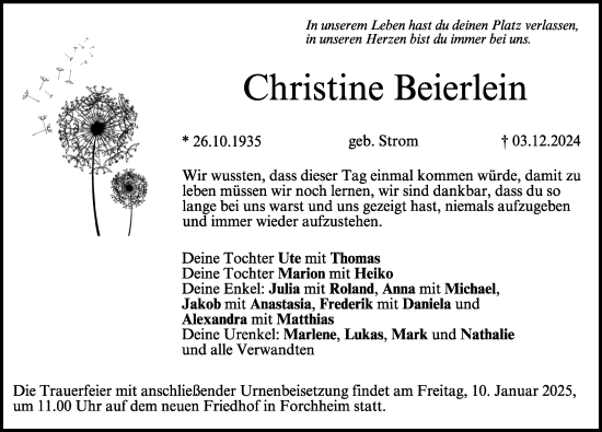 Traueranzeige von Christine Beierlein von Erlanger Nachrichten/ Nordbayer. Nachrichten Forchheim