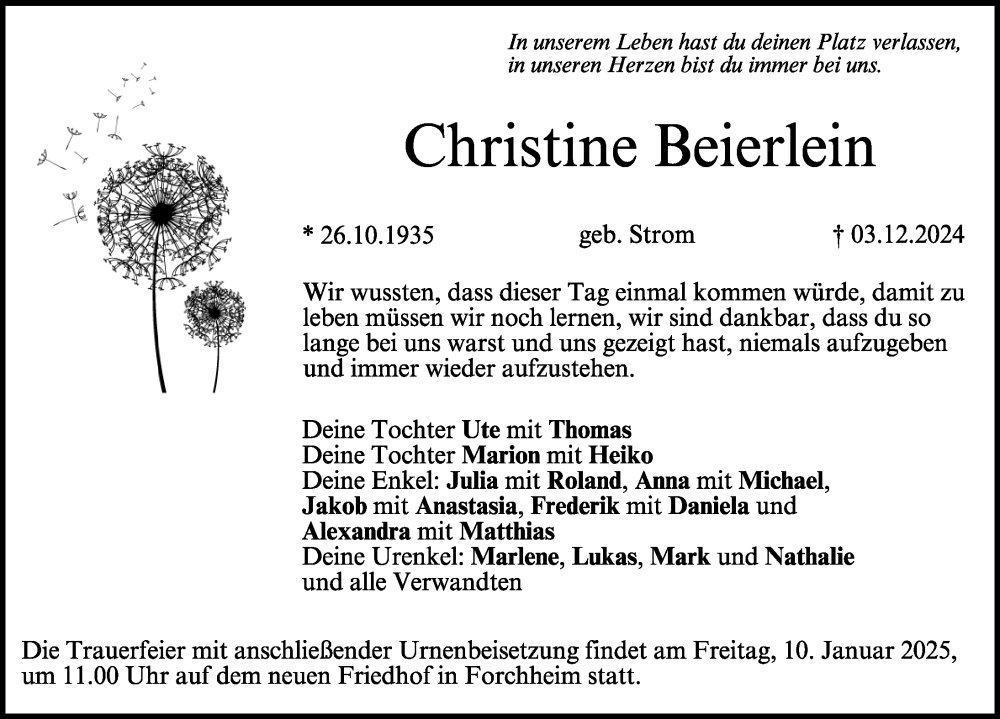  Traueranzeige für Christine Beierlein vom 04.01.2025 aus Erlanger Nachrichten/ Nordbayer. Nachrichten Forchheim