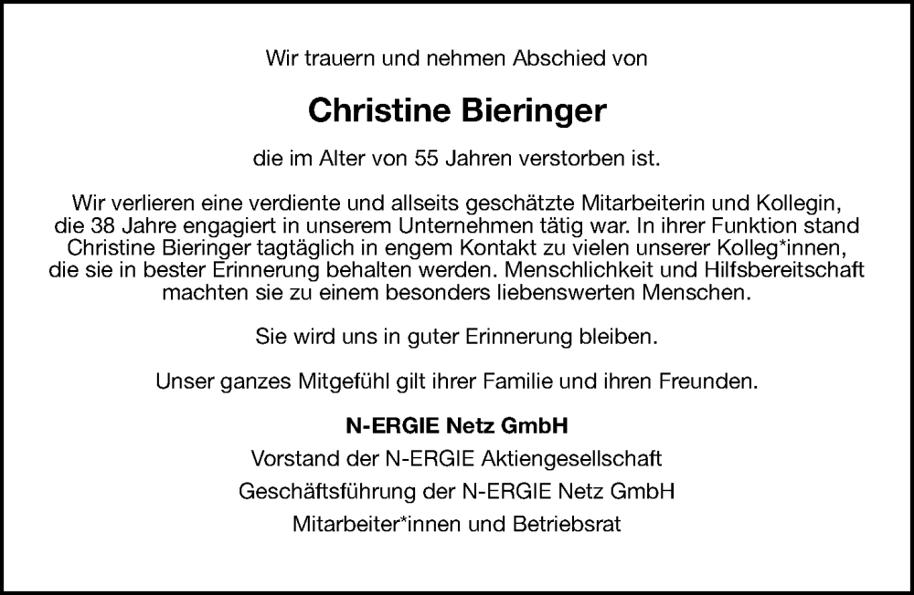  Traueranzeige für Christine Bieringer vom 09.01.2025 aus Gesamtausgabe Nürnberger Nachrichten/ Nürnberger Ztg.