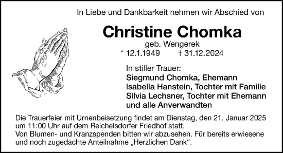 Traueranzeige von Christine Chomka von Gesamtausgabe Nürnberger Nachrichten/ Nürnberger Ztg.