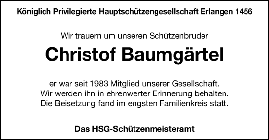 Traueranzeige von Christof Baumgärtel von Erlanger Nachrichten Lokal