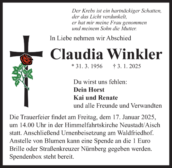 Traueranzeige von Claudia Winkler von Gesamtausgabe Nürnberger Nachrichten/ Nürnberger Ztg.