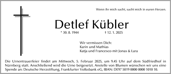 Traueranzeige von Detlef Kübler von Gesamtausgabe Nürnberger Nachrichten/ Nürnberger Ztg.