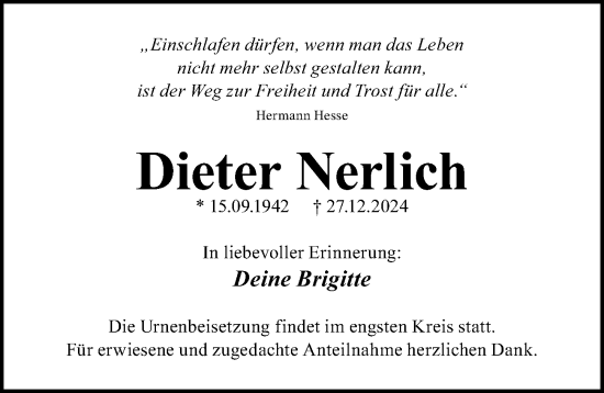 Traueranzeige von Dieter Nerlich von Gesamtausgabe Nürnberger Nachrichten/ Nürnberger Ztg.