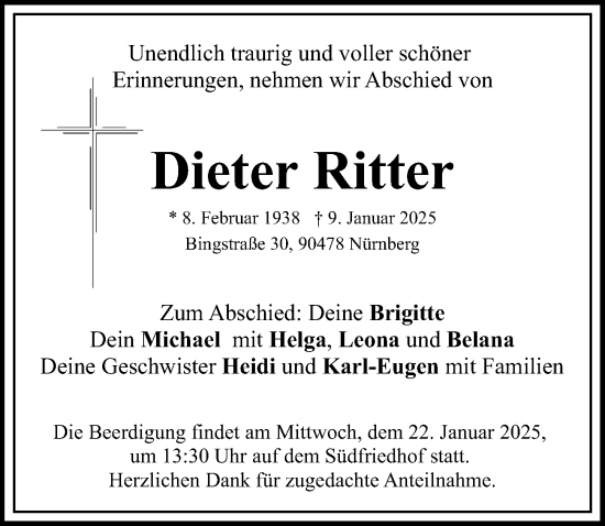 Traueranzeige von Dieter Ritter von Gesamtausgabe Nürnberger Nachrichten/ Nürnberger Ztg.