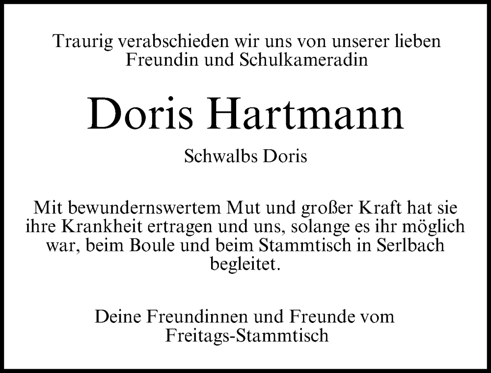 Traueranzeige für Doris Hartmann vom 18.01.2025 aus Nordbayerische Nachrichten Forchheim Lokal