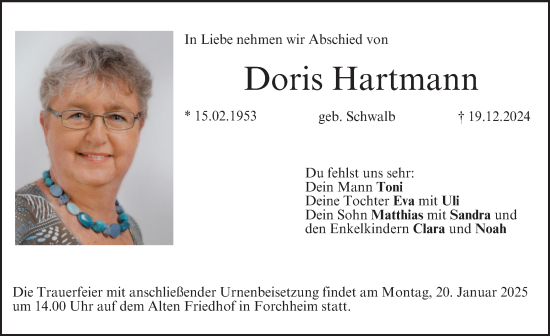 Traueranzeige von Doris Hartmann von Nordbayerische Nachrichten Forchheim Lokal