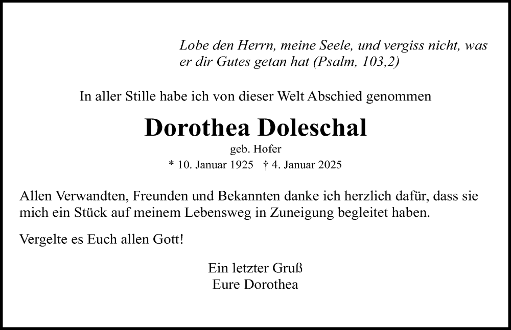  Traueranzeige für Dorothea Doleschal vom 01.02.2025 aus Gesamtausgabe Nürnberger Nachrichten/ Nürnberger Ztg.