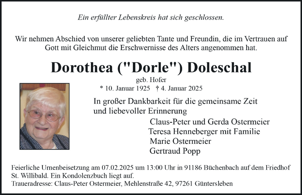  Traueranzeige für Dorothea Doleschal vom 01.02.2025 aus Gesamtausgabe Nürnberger Nachrichten/ Nürnberger Ztg.