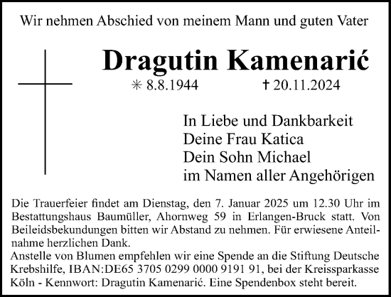 Traueranzeige von Dragutin Kamenaric von Erlanger Nachrichten Lokal
