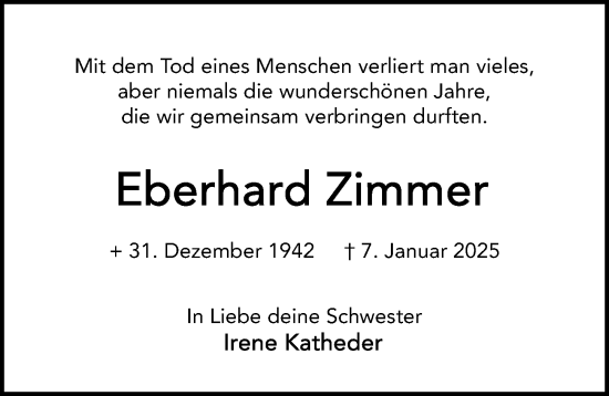 Traueranzeige von Eberhard Zimmer von Gesamtausgabe Nürnberger Nachrichten/ Nürnberger Ztg.