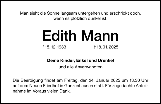 Traueranzeige von Edith Mann von Altmühl-Bote Lokal