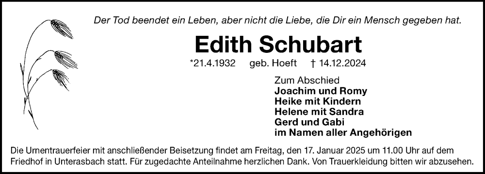  Traueranzeige für Edith Schubart vom 11.01.2025 aus Fürther Nachrichten Lokal