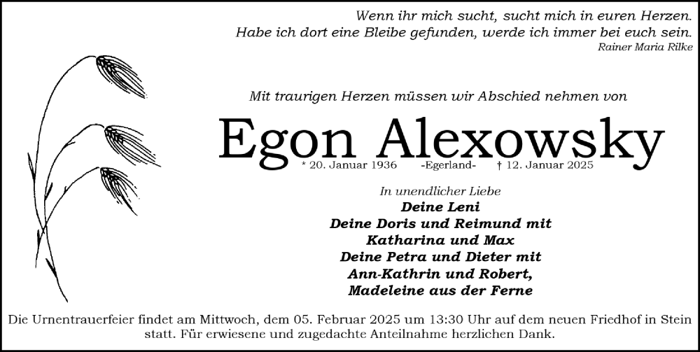  Traueranzeige für Egon Alexowsky vom 01.02.2025 aus Gesamtausgabe Nürnberger Nachrichten/ Nürnberger Ztg.