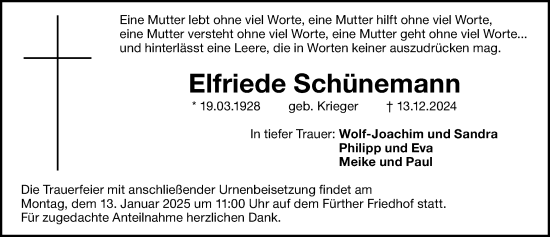 Traueranzeige von Elfriede Schünemann von Fürther Nachrichten Lokal