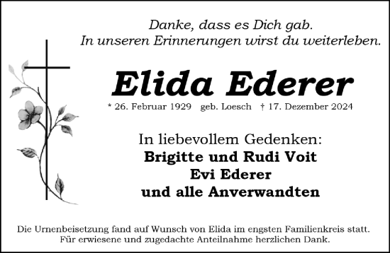 Traueranzeige von Elida Ederer von Gesamtausgabe Nürnberger Nachrichten/ Nürnberger Ztg.