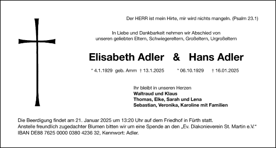 Traueranzeige von Elisabeth Adler von Fürther Nachrichten Lokal