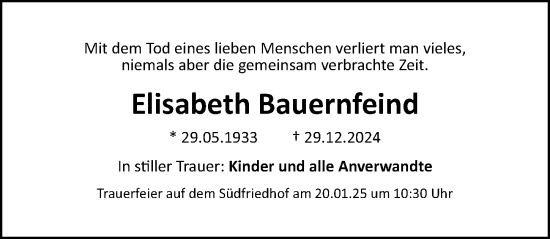 Traueranzeige von Elisabeth Bauernfeind von Gesamtausgabe Nürnberger Nachrichten/ Nürnberger Ztg.