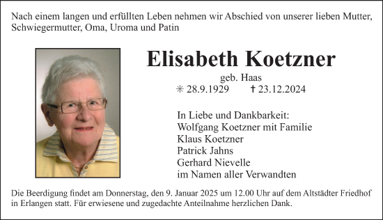 Traueranzeige von Elisabeth Koetzner von Erlanger Nachrichten Lokal