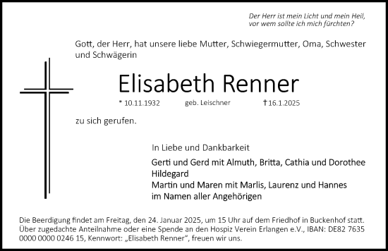 Traueranzeige von Elisabeth Renner von Erlanger Nachrichten Lokal