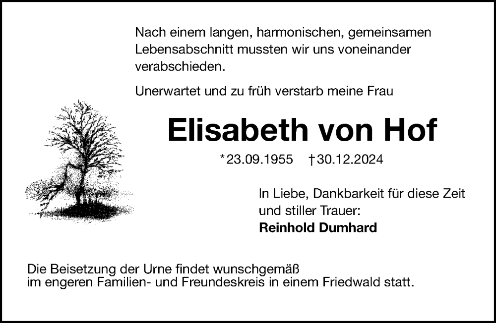  Traueranzeige für Elisabeth von Hof vom 11.01.2025 aus Gesamtausgabe Nürnberger Nachrichten/ Nürnberger Ztg.
