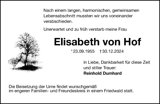 Traueranzeige von Elisabeth von Hof von Gesamtausgabe Nürnberger Nachrichten/ Nürnberger Ztg.