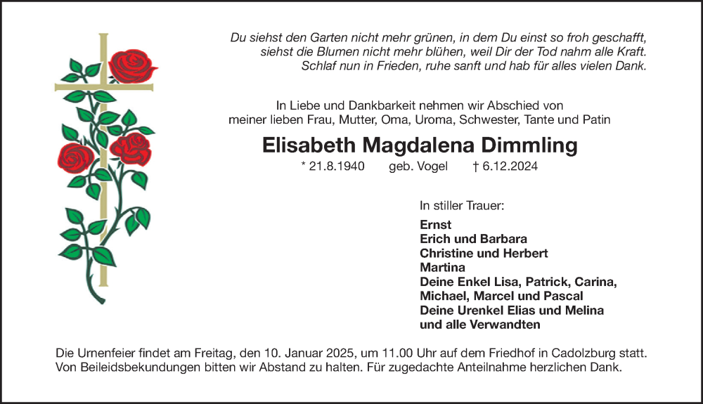  Traueranzeige für Elisabeth Magdalena Dimmling vom 04.01.2025 aus Fürther Nachrichten Lokal