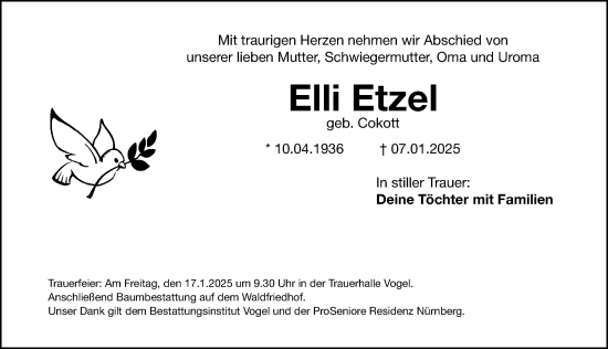 Traueranzeige von Elli Etzel von Fürther Nachrichten Lokal