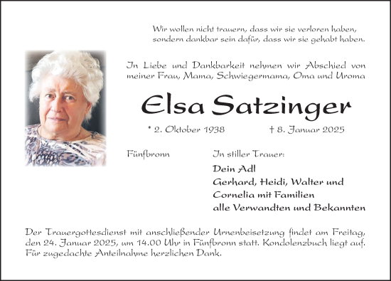 Traueranzeige von Elsa Satzinger von Altmühl-Bote Lokal