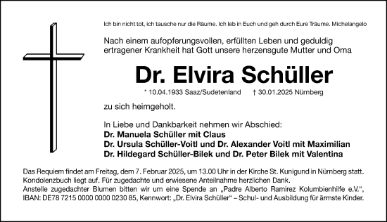 Traueranzeige von Elvira Schüller von Gesamtausgabe Nürnberger Nachrichten/ Nürnberger Ztg.