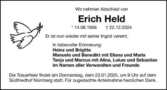 Traueranzeige von Erich Held von Gesamtausgabe Nürnberger Nachrichten/ Nürnberger Ztg.