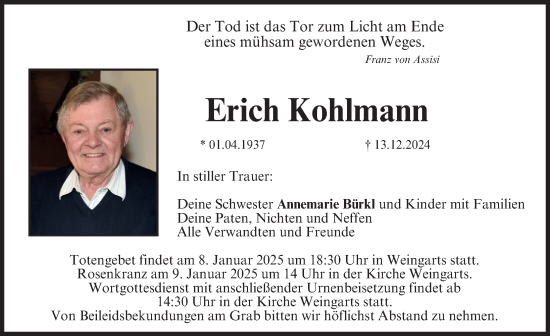 Traueranzeige von Erich Kohlmann von Nordbayerische Nachrichten Forchheim Lokal