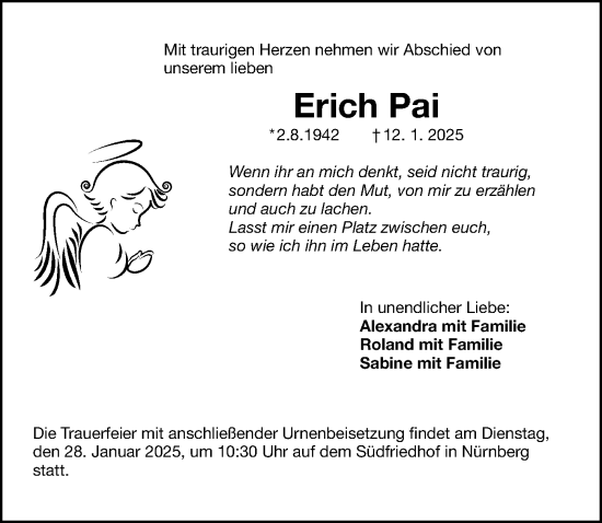 Traueranzeige von Erich Pai von Gesamtausgabe Nürnberger Nachrichten/ Nürnberger Ztg.