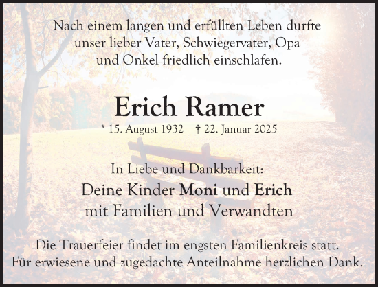 Traueranzeige von Erich Ramer von Gesamtausgabe Nürnberger Nachrichten/ Nürnberger Ztg.