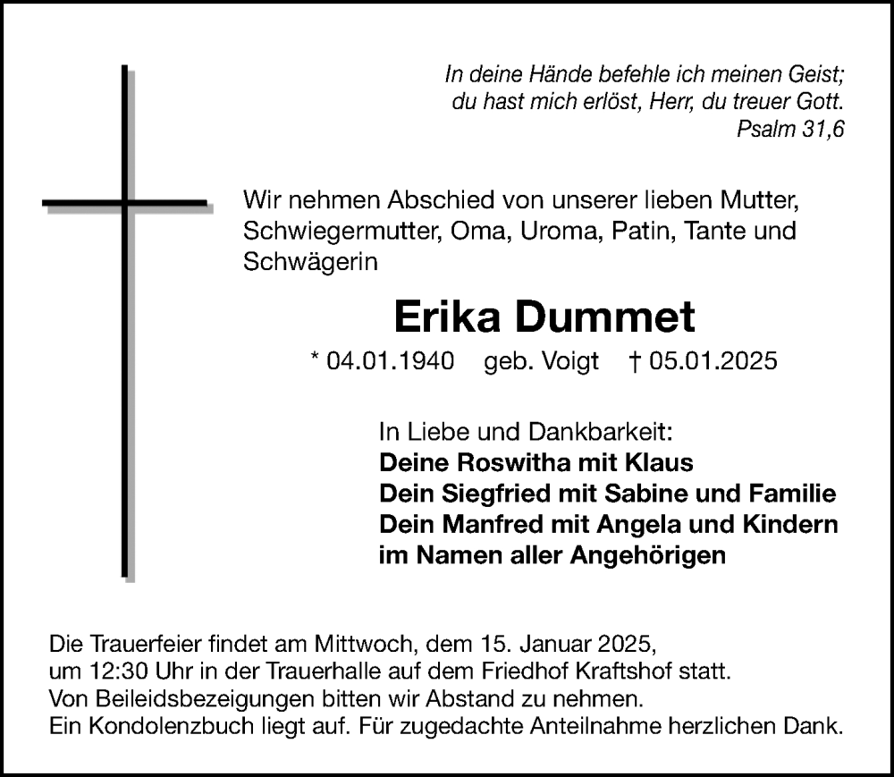  Traueranzeige für Erika Dummet vom 11.01.2025 aus Gesamtausgabe Nürnberger Nachrichten/ Nürnberger Ztg.