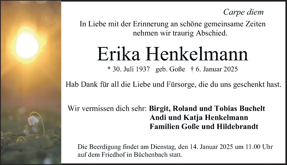  Traueranzeige für Erika Henkelmann vom 11.01.2025 aus Erlanger Nachrichten Lokal