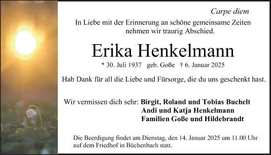 Traueranzeige von Erika Henkelmann von Erlanger Nachrichten Lokal