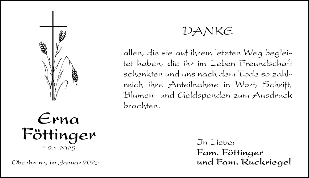  Traueranzeige für Erna Föttinger vom 18.01.2025 aus Altmühl-Bote Lokal