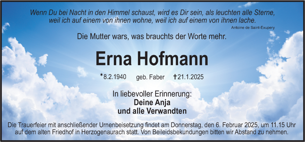  Traueranzeige für Erna Hofmann vom 01.02.2025 aus Nordbayerische Nachrichten Herzogenaurach Lokal