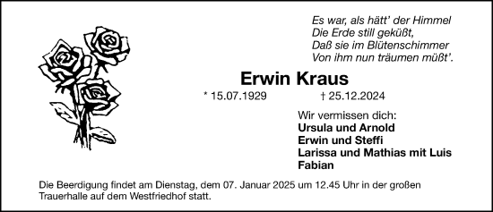 Traueranzeige von Erwin Kraus von Gesamtausgabe Nürnberger Nachrichten/ Nürnberger Ztg.