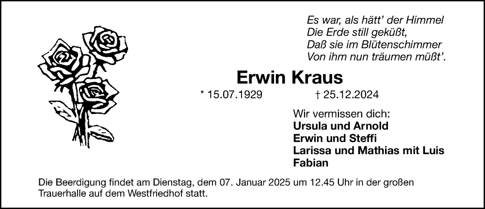  Traueranzeige für Erwin Kraus vom 04.01.2025 aus Gesamtausgabe Nürnberger Nachrichten/ Nürnberger Ztg.