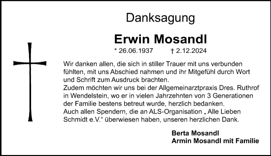 Traueranzeige von Erwin Mosandl von Gesamtausgabe Nürnberger Nachrichten/ Nürnberger Ztg.