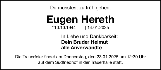 Traueranzeige von Eugen Hereth von Gesamtausgabe Nürnberger Nachrichten/ Nürnberger Ztg.