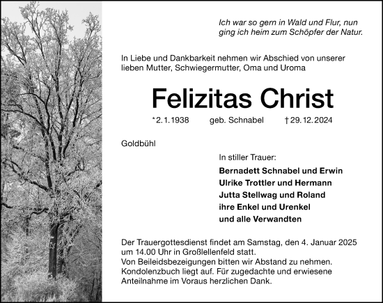 Traueranzeige von Felizitas Christ von Altmühl-Bote Lokal