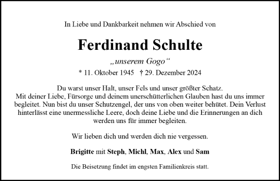 Traueranzeige von Ferdinand Schulte von Neumarkter Nachrichten Lokal