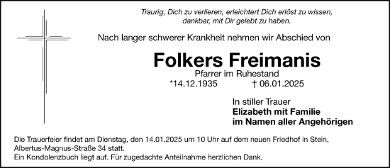 Traueranzeige von Folkers Freimanis von Gesamtausgabe Nürnberger Nachrichten/ Nürnberger Ztg.