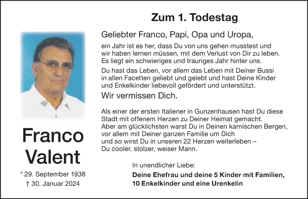  Traueranzeige für Franco Valent vom 30.01.2025 aus Altmühl-Bote Lokal